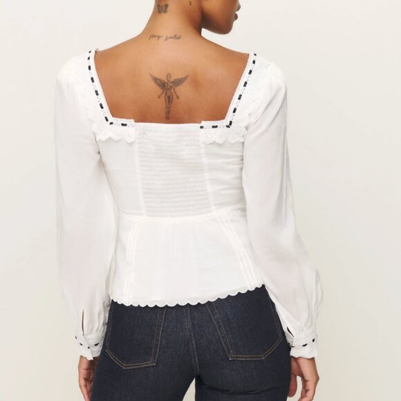 NEW Reformation Haisley Top Blouse Sz4 White Cotton Lace Black Bow French - Picture 2 of 10